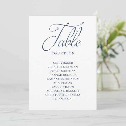 Navy Blue Script Table Number Seating Chart Kaart (Staand voorkant)