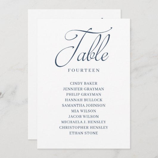 Navy Blue Script Table Number Seating Chart Kaart (Voorkant / Achterkant)