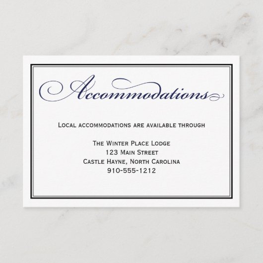 Navy Blue Script Wedding Accommodatie Kaart (Voorkant)