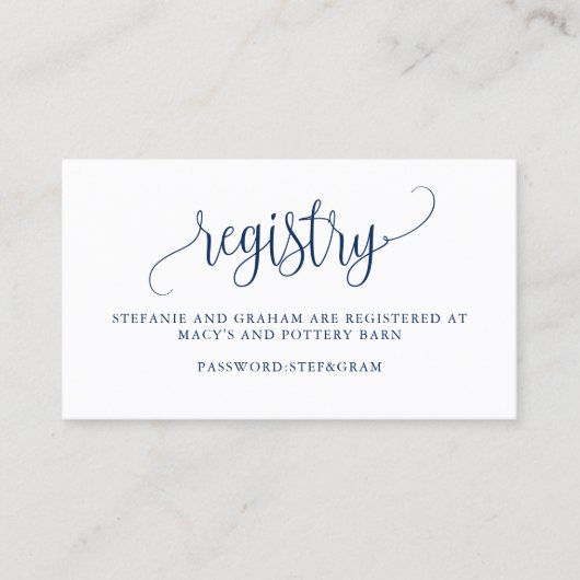 Navy Blue  Script Wedding Gift Registry Visitekaartje (Voorkant)