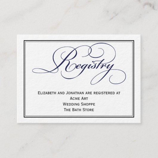 Navy Blue Script Wedding Registry Information Kaar Informatiekaartje (Voorkant)