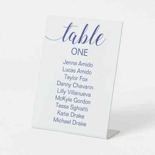 Navy Blue Script Wedding Zitting Grafiek Reclamebord Met Voetstuk (Voorkant)