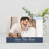 Navy Blue Script Weduwfoto Save the Date Cards (Staand voorkant)
