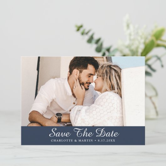 Navy Blue Script Weduwfoto Save the Date Cards (Staand voorkant)