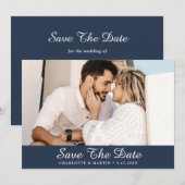 Navy Blue Script Weduwfoto Save the Date Cards (Voorkant / Achterkant)
