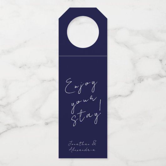 Navy Blue Script Welcome Message Bottle Hanger Lab (Voorkant)
