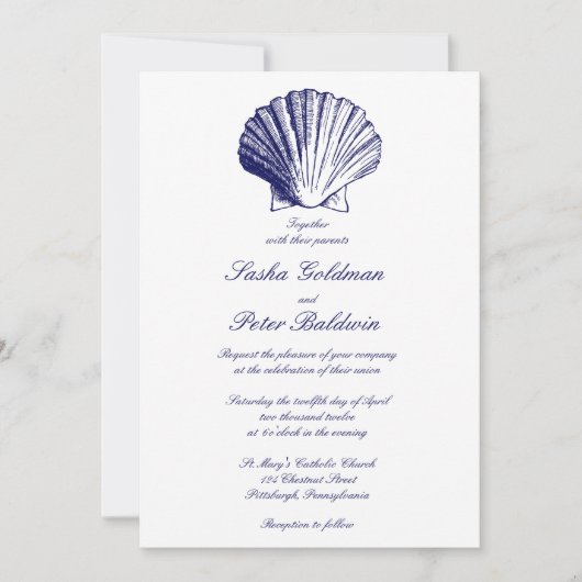 Navy Blue Sea Shells Weddenschap Kaart (Voorkant)