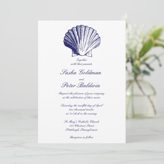 Navy Blue Sea Shells Weddenschap Kaart (Staand voorkant)