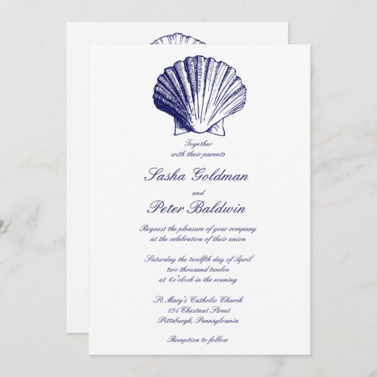 Navy Blue Sea Shells Weddenschap Kaart (Voorkant / Achterkant)