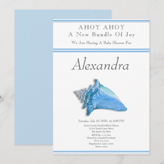 Navy Blue Seahorse Ahoy is een Boy Baby shower (Voorkant / Achterkant)