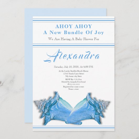 Navy Blue Seahorse Ahoy is een Boy Baby shower (Voorkant / Achterkant)