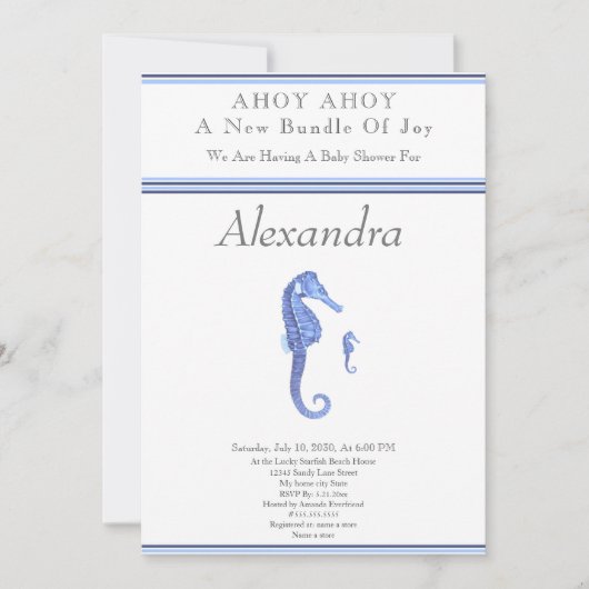 Navy Blue Seahorse Ahoy is een jongen Baby shower (Voorkant)