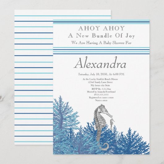 Navy Blue Seahorse Ahoy is een jongen Baby shower (Voorkant / Achterkant)