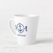 Navy Blue Seahorse & Anker Jouw naam 2 zijdig Latte Mok (Linkerhoek)