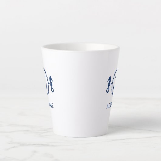 Navy Blue Seahorse & Anker Jouw naam 2 zijdig Latte Mok (Voorkant)