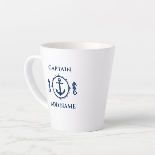 Navy Blue Seahorse & Anker Naam of Boot 2 Side Latte Mok (Linkerhoek)