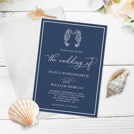 Navy Blue Seahorse Coastal Beach Script Weddenscha Kaart