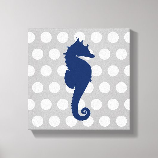 Navy Blue Seahorse Grijs en wit Polka Dots Canvas Afdruk (Voorkant)