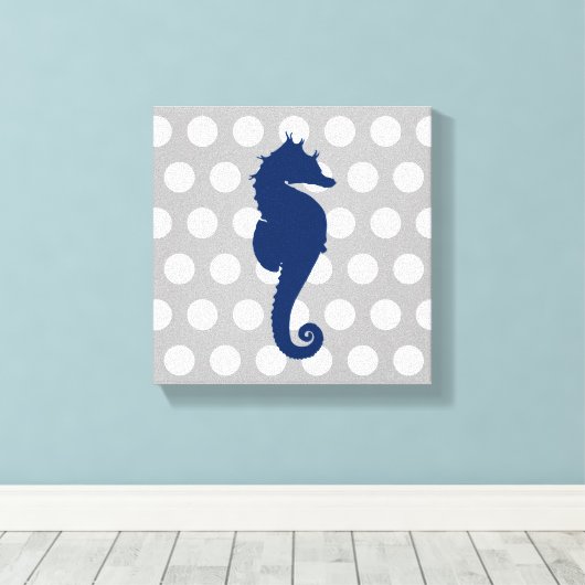 Navy Blue Seahorse Grijs en wit Polka Dots Canvas Afdruk (Insitu (Houten vloer))