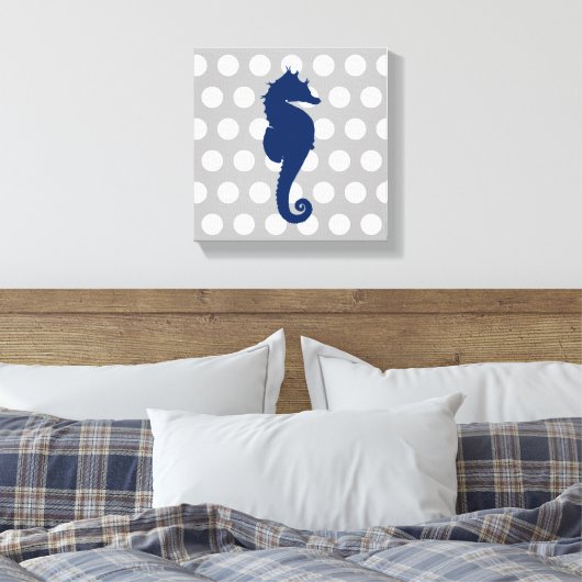 Navy Blue Seahorse Grijs en wit Polka Dots Canvas Afdruk (Insitu (Slaapkamer))