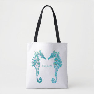 Navy blue seapaarden Zee Life art tekening tas