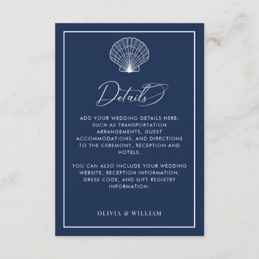 Navy Blue Seashell Beach bruiloft details Informatiekaartje (Voorkant)