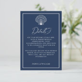 Navy Blue Seashell Beach bruiloft details Informatiekaartje (Staand voorkant)