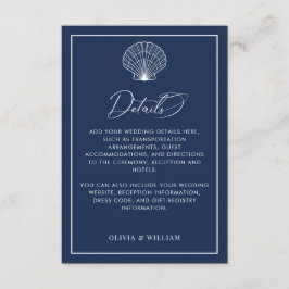 Navy Blue Seashell Beach bruiloft details Informatiekaartje