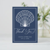 Navy Blue Seashell Beach Bruiloft Elegant Bedankkaart (Staand voorkant)