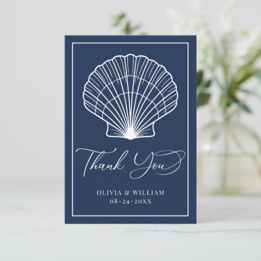 Navy Blue Seashell Beach Bruiloft Elegant Bedankkaart (Staand voorkant)