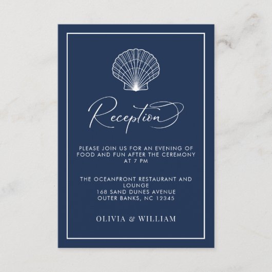 Navy Blue Seashell Beach bruiloft receptie Informatiekaartje (Voorkant)