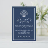 Navy Blue Seashell Beach bruiloft receptie Informatiekaartje (Staand voorkant)