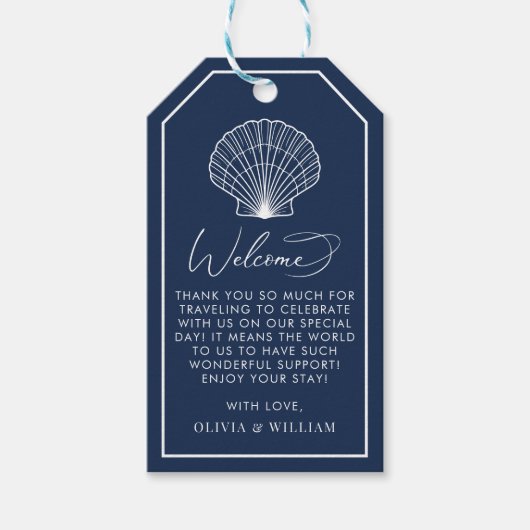 Navy Blue Seashell Beach Elegant Bruiloft Welkom Cadeaulabel (Voorkant)