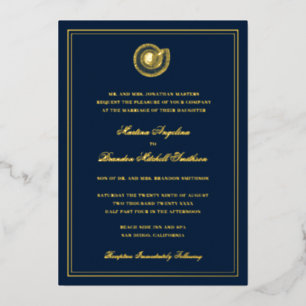 Navy Blue Seashell Beach Gold Folie Uitnodiging