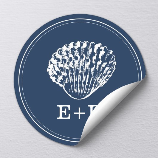 Navy Blue Seashell Beach Wedding Favor Ronde Sticker
