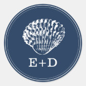 Navy Blue Seashell Beach Wedding Favor Ronde Sticker (Voorkant)