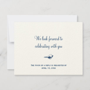 Navy blue seashell bruiloft bijlage RSVP reactie