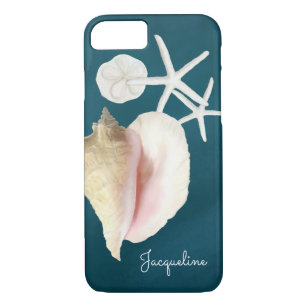 Navy Blue Seashell Modern Beach Conch Starfish Case-Mate iPhone Case