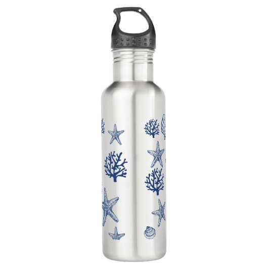 Navy Blue Seashell Patroon Waterfles (Achterkant)