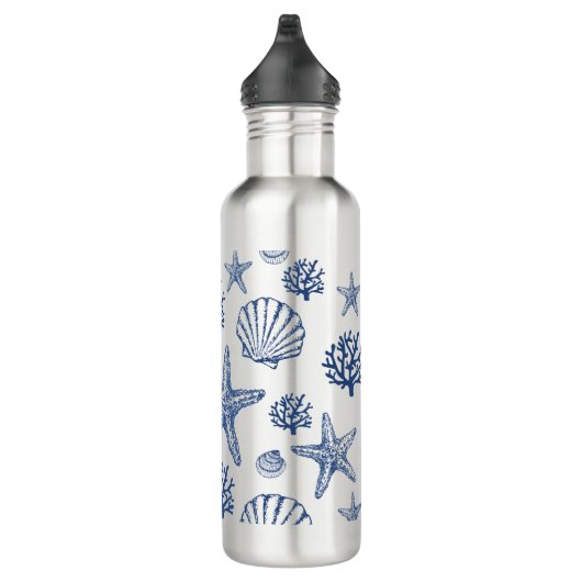 Navy Blue Seashell Patroon Waterfles (Rechts)