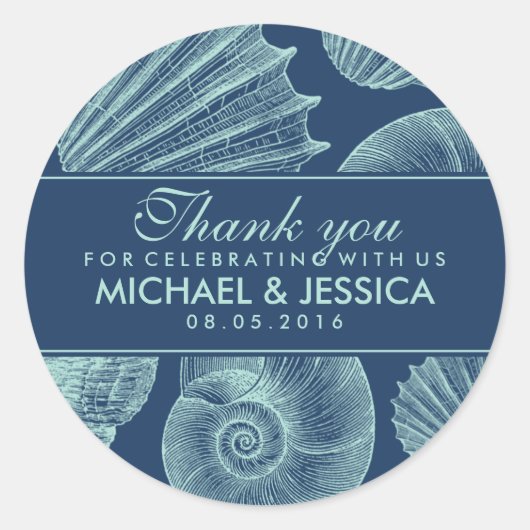 Navy Blue Seashell Wedding Dank je Sticker Label (Voorkant)