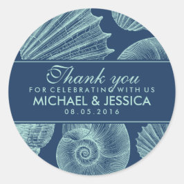 Navy Blue Seashell Wedding Dank je Sticker Label