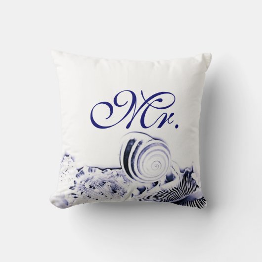 Navy Blue Seashells Mr. en mevrouw Pillow set of T Kussen (Voorkant)