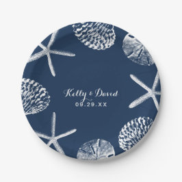 Navy Blue Seashells Summer Beach Weddenschap Papieren Bordje