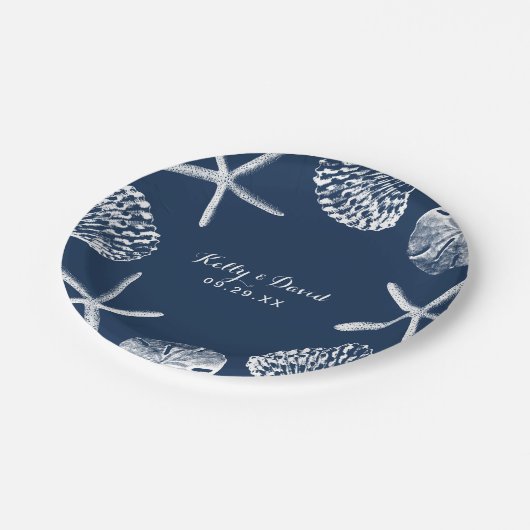 Navy Blue Seashells Summer Beach Weddenschap Papieren Bordje (Gekanteld)
