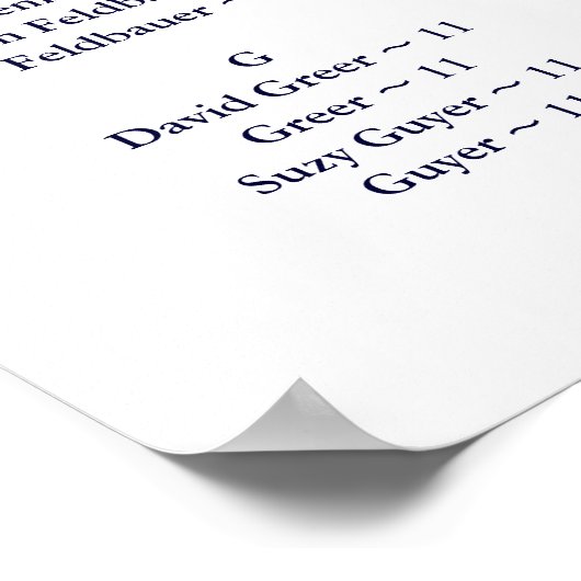 NAVY BLUE SEATING CHART, ALFABETISCH POSTER (Hoek)