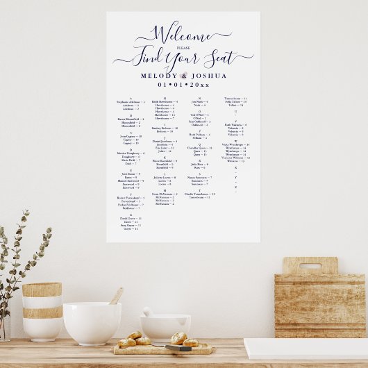 NAVY BLUE SEATING CHART, ALFABETISCH POSTER (Keuken)
