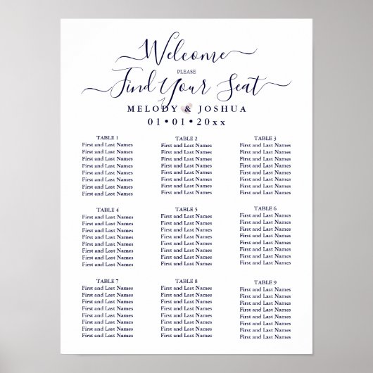 NAVY BLUE SEATING CHART|BLUSH HEART|DIY COLOR POSTER (Voorkant)