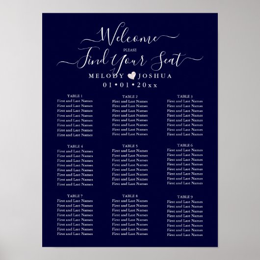 NAVY BLUE SEATING CHART|BLUSH HEART|DIY COLOR POSTER (Voorkant)