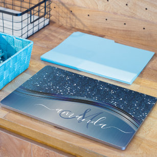 Navy Blue Sequin Glitter Handwrite Calligrafie HP Laptopsticker